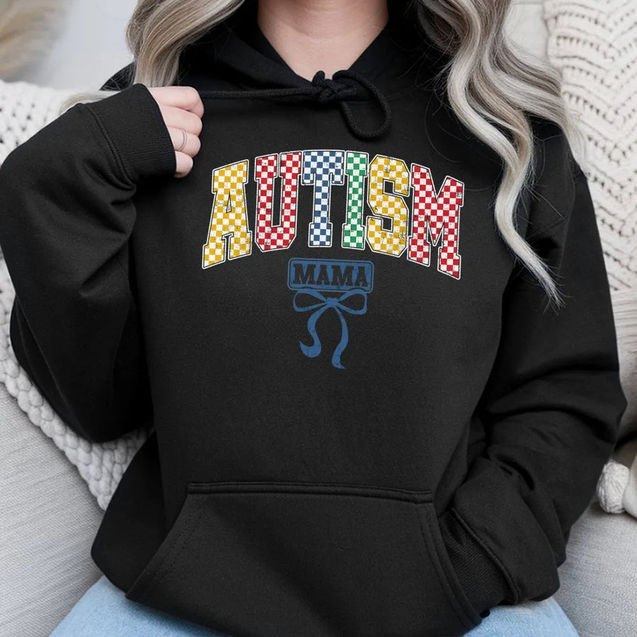Autism Mama Hoodie | Colorful Checkerboard Print Awareness Design | Premium Cotton-Poly Blend Sweatshirt | Gift for Autism Mom Support