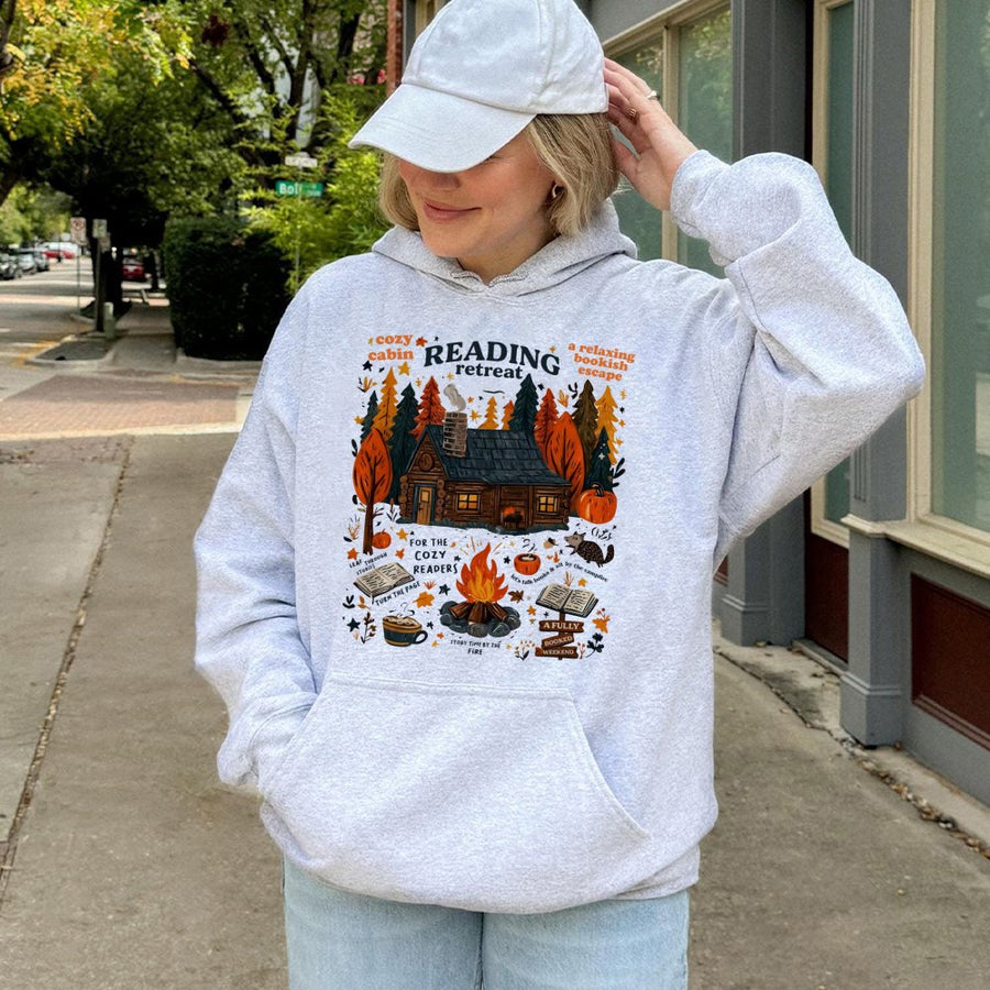 Reading Retreat Hoodie | Cozy Autumn Cabin Bookish Graphic | Premium Cotton Blend | Gift For Book Lovers Readers Librarian Students