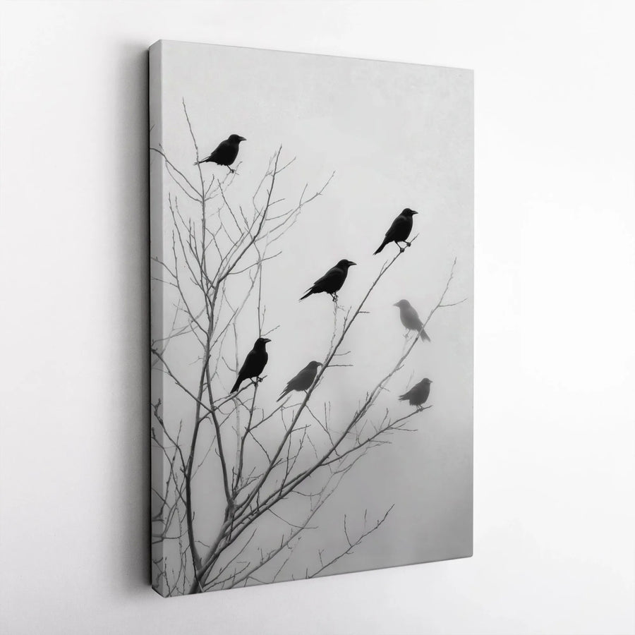 Black Crow Wall Art Canvas | Moody Foggy Tree Nature Photography | 1.25 Inch Gallery Wrap | Minimalist Modern Home Decor Gift