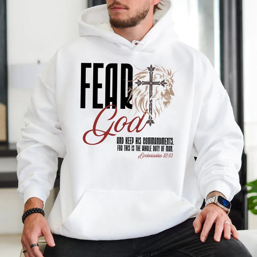 Fear God Christian Hoodie | Lion of Judah Cross Graphic | Premium Soft Cotton Blend | Faith Based Gift for Men