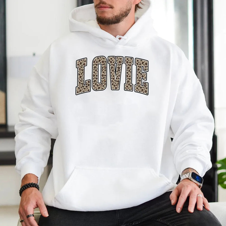 Lovie Hoodie | Leopard Print Varsity Letters | Cozy Cotton Blend Pullover | Cute Trendy Gift for Her