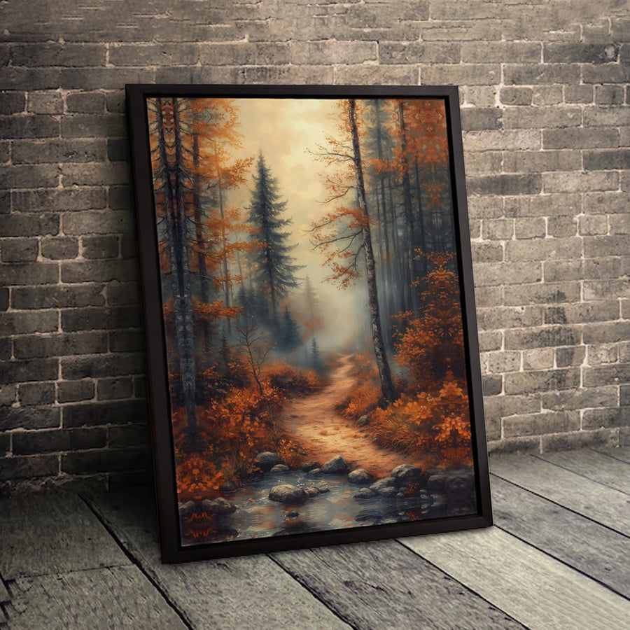 Misty Autumn Forest Canvas Art | Woodland Path & Creek Landscape | Premium Gallery Wrap 1.25" Profile | Cozy Nature Home Decor Gift