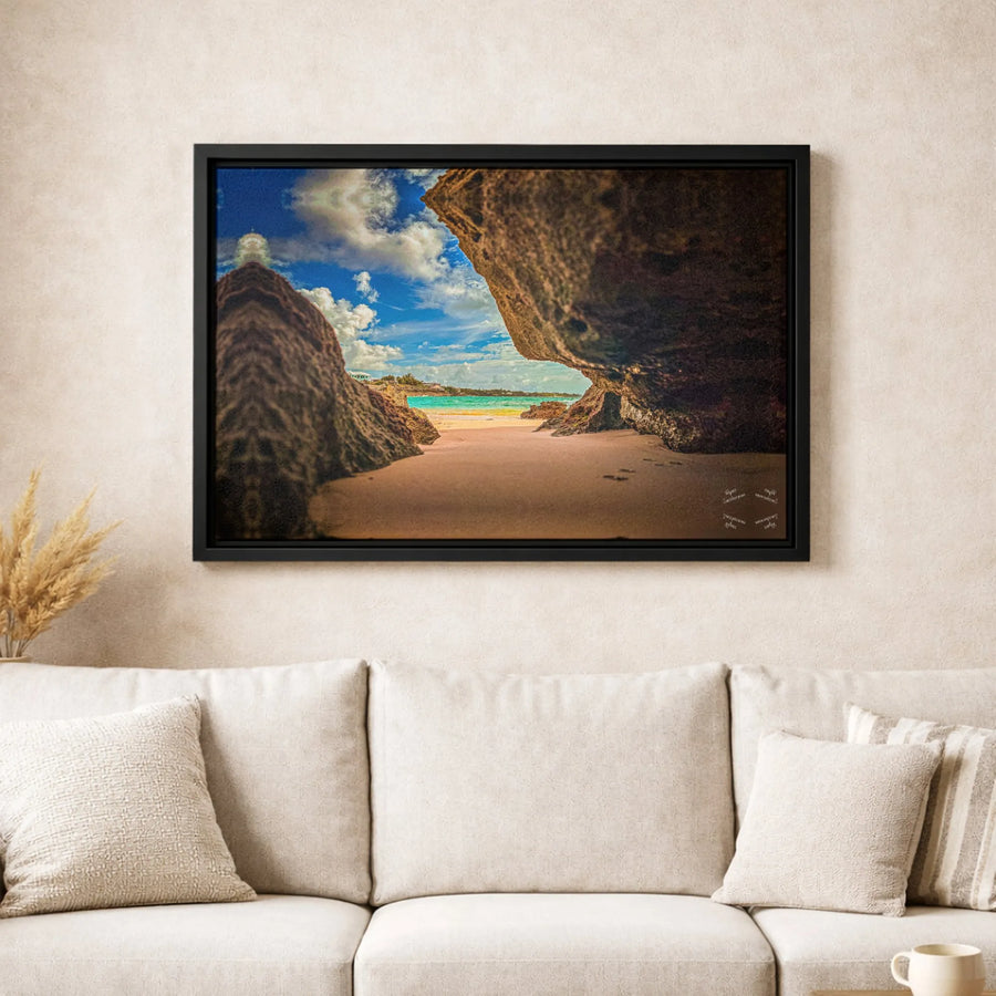 Tropical Beach Cove Canvas Wall Art | Ocean View Through Coastal Rocks | Premium Gallery-Wrapped Print | Coastal Home Decor Gift