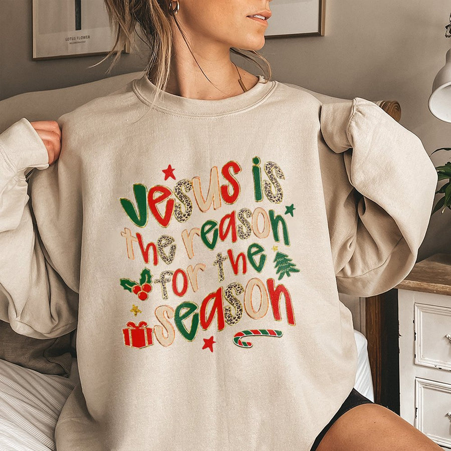 Jesus Is The Reason For The Season Sweatshirt | Leopard Print Christian Holiday Apparel | Premium Cotton Blend | Faith Based Christmas Gift For Women