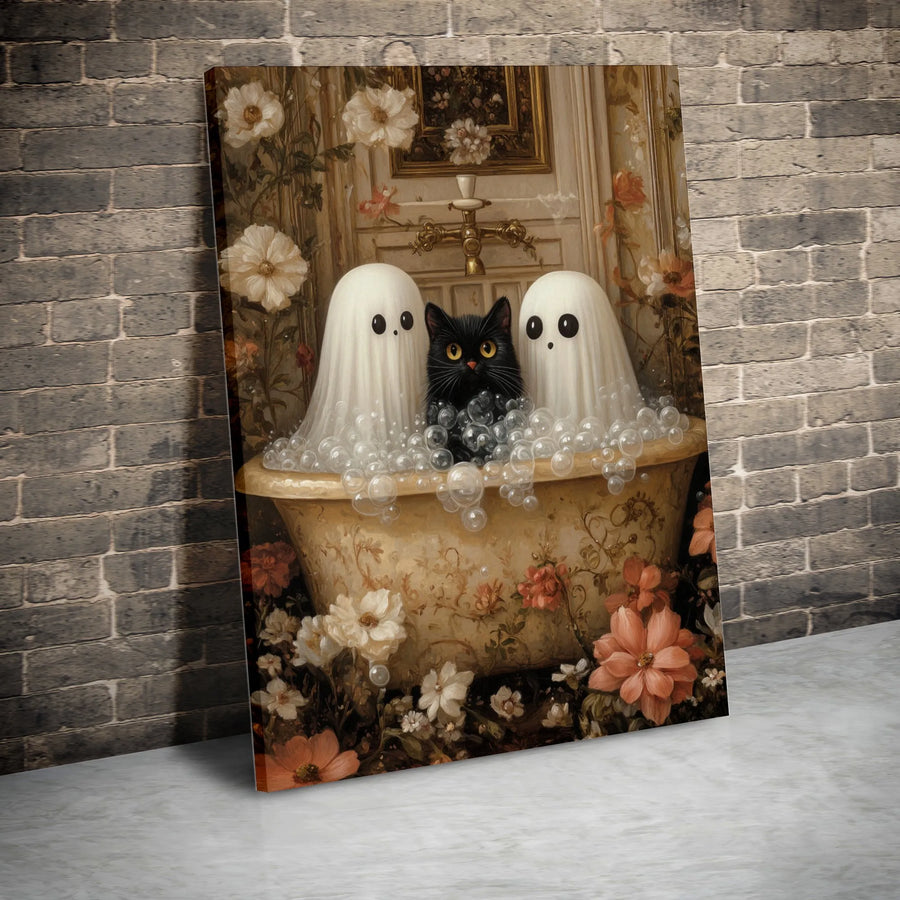 Ghost and Black Cat Wall Art | Whimsical Bathtub Floral Print | Premium 1.25-Inch Thick Gallery Canvas | Spooky Cute Home Decor Gift