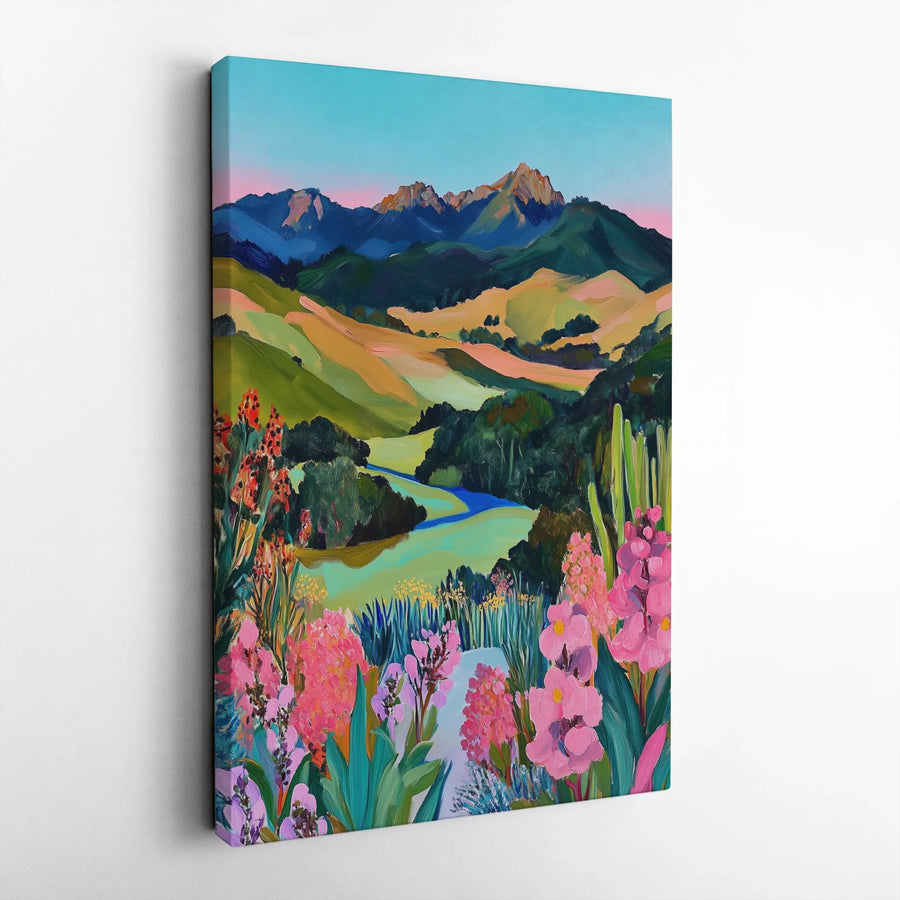 Vibrant Mountain Landscape Canvas Art | Colorful Wildflower Meadow Painting | Premium Gallery Wrap Canvas | Boho Living Room Decor Gift