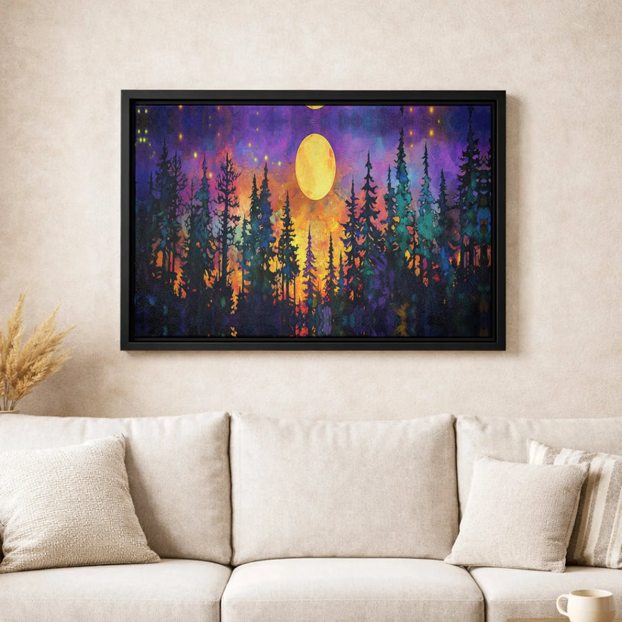 Full Moon Forest Canvas Art | Colorful Pine Tree Landscape Print | Gallery Wrapped 1.25" Profile | Moody Nature Wall Decor for Home Office