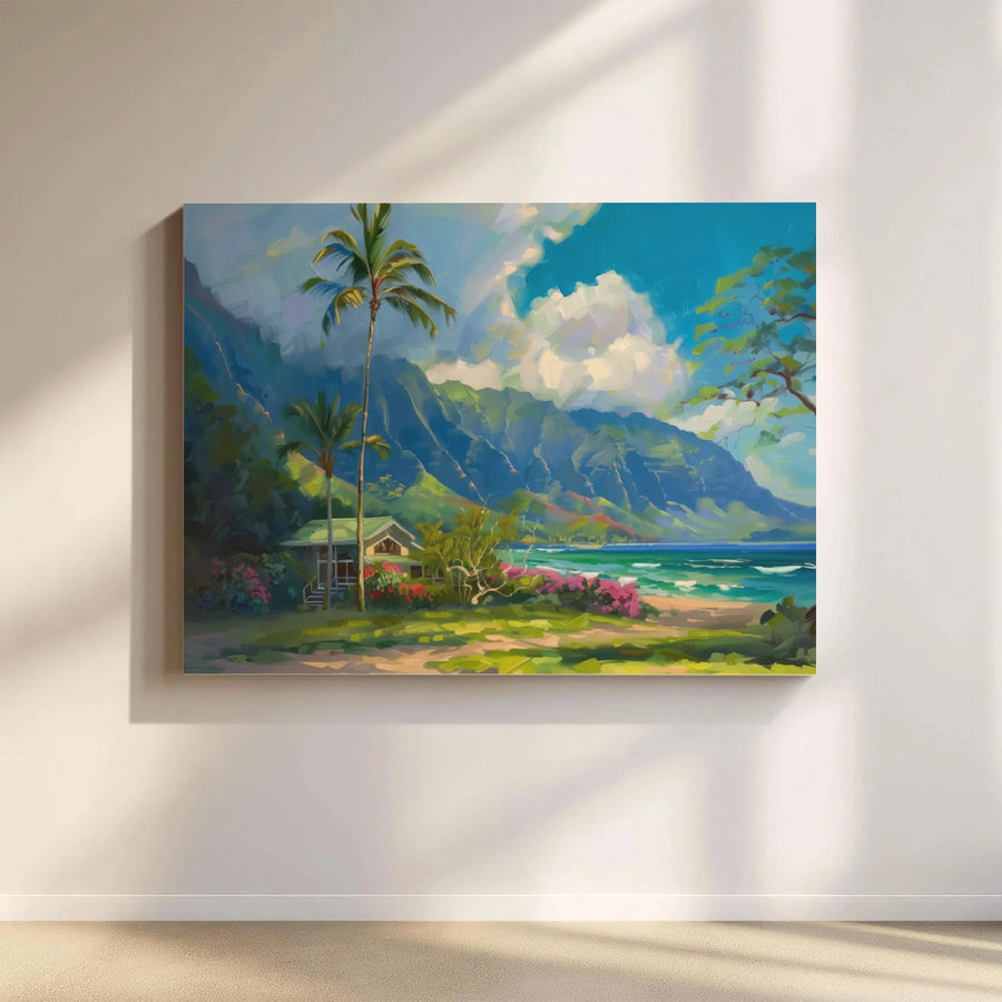 Tropical Hawaiian Landscape Canvas Art | Coastal Palm Tree Beach House Painting | Premium Fade-Resistant Gallery Wrap | Home Office Wall Decor