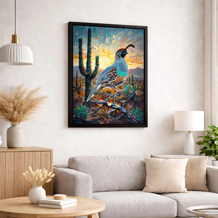 Quail Desert Wall Art | Impasto Cactus Landscape Painting | Premium Gallery-Wrapped Canvas | Southwestern Home Decor Gift