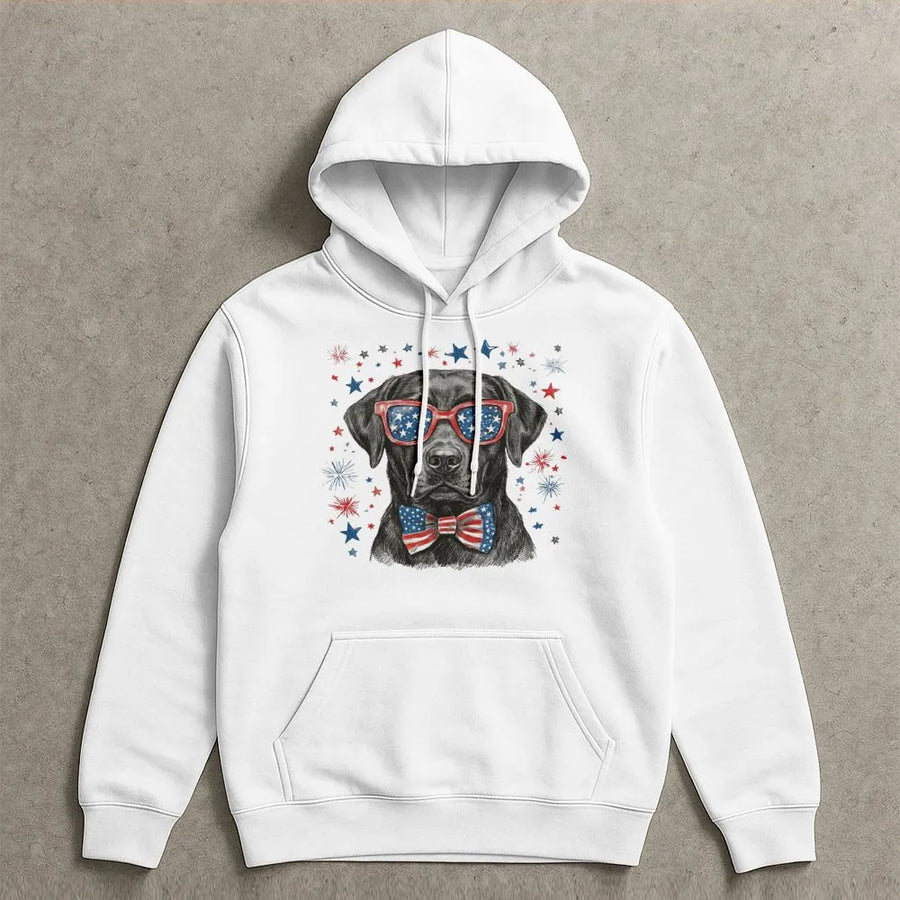Patriotic Black Lab Hoodie | Funny 4th of July Dog with USA Flag Glasses | Soft Cotton Blend Crewneck | America 250th Anniversary Gift for Dog Lover