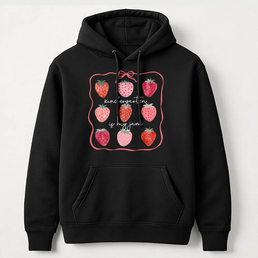 Kindergarten Is My Jam Hoodie | Cute Strawberry Teacher Design | Premium Cotton Blend Pullover | Back To School Gift For Kindergarten Teacher