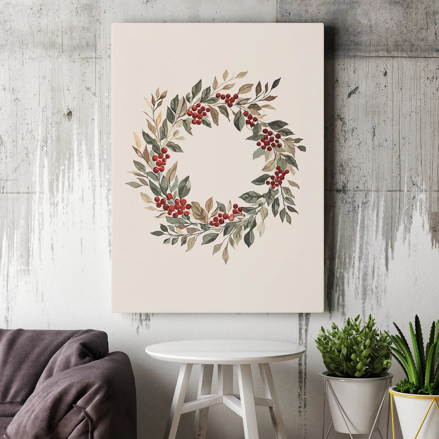 Watercolor Red Berry Wreath Canvas Print | Minimalist Botanical Holiday Wall Art | Premium Gallery Wrapped Decor | Festive Home Gift