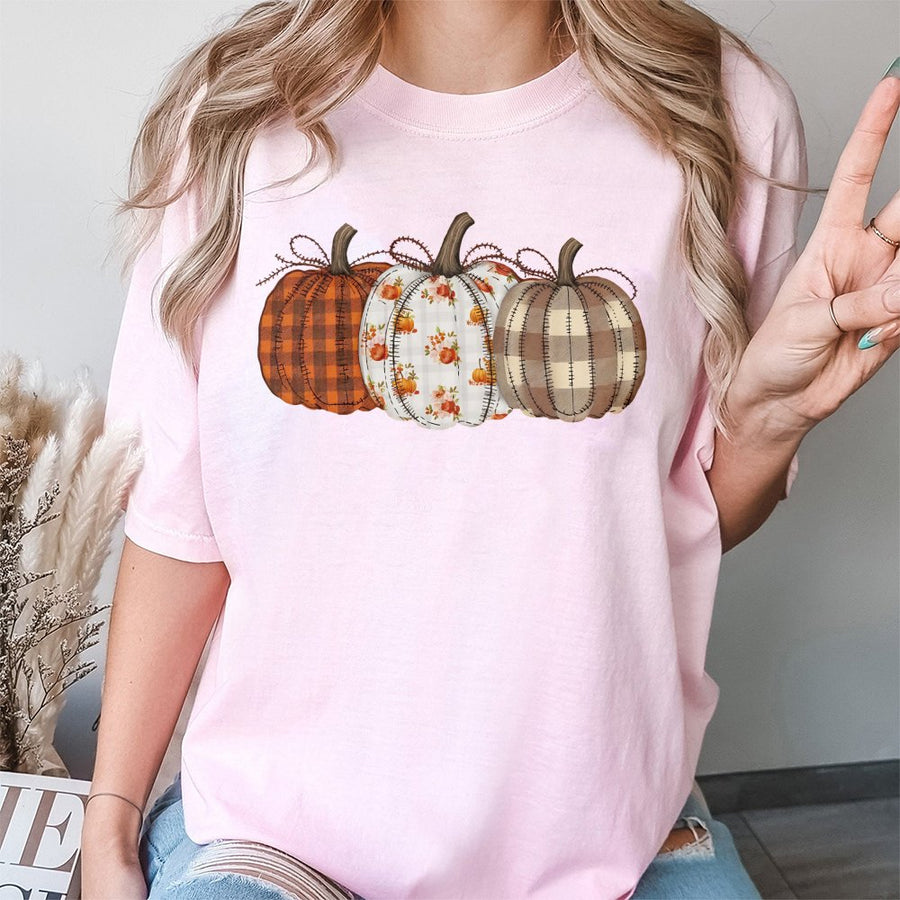 Fall Pumpkin T-Shirt | Patchwork Plaid and Floral Graphic Design | 100% Cotton Premium Comfort Tee | Thanksgiving Harvest Gift for Her