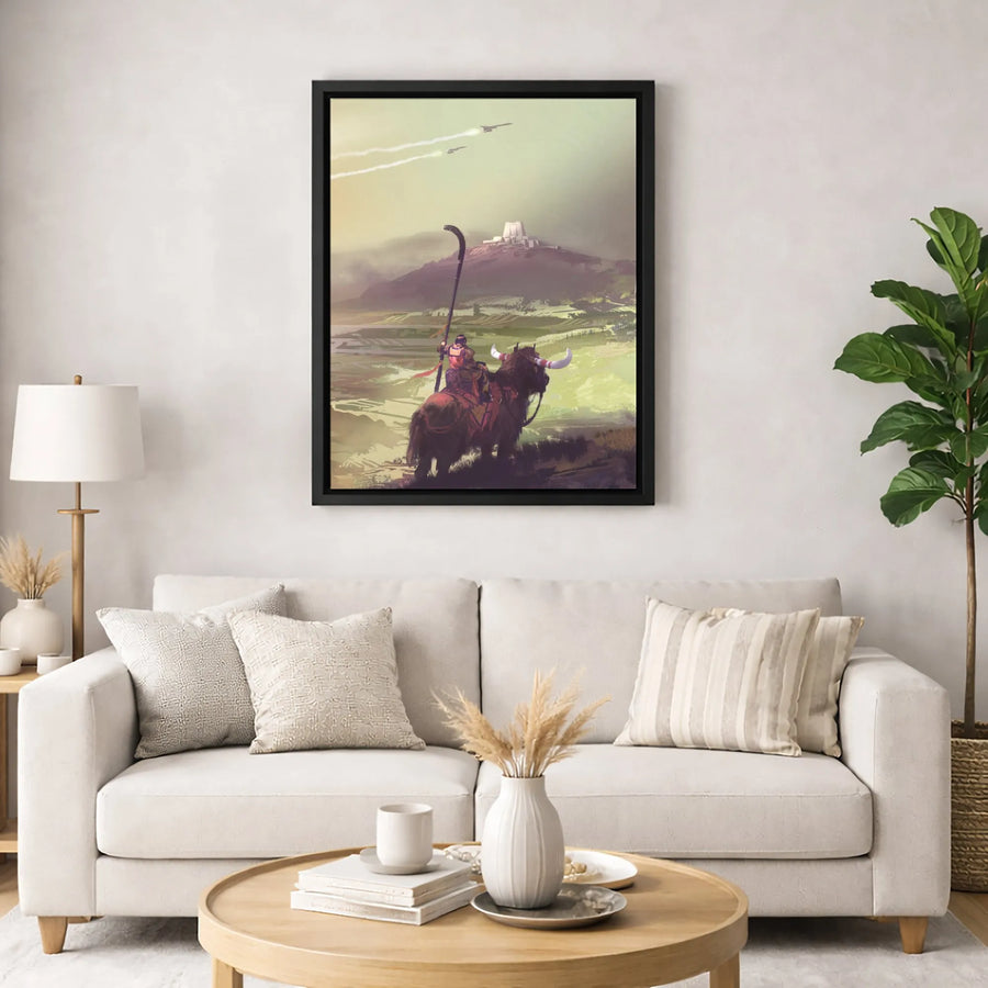 Fantasy Sci-Fi Wall Art | Warrior Riding Beast with Spaceship Landscape | Gallery-Grade Canvas Print | Gift for Gamers and Fantasy Enthusiasts