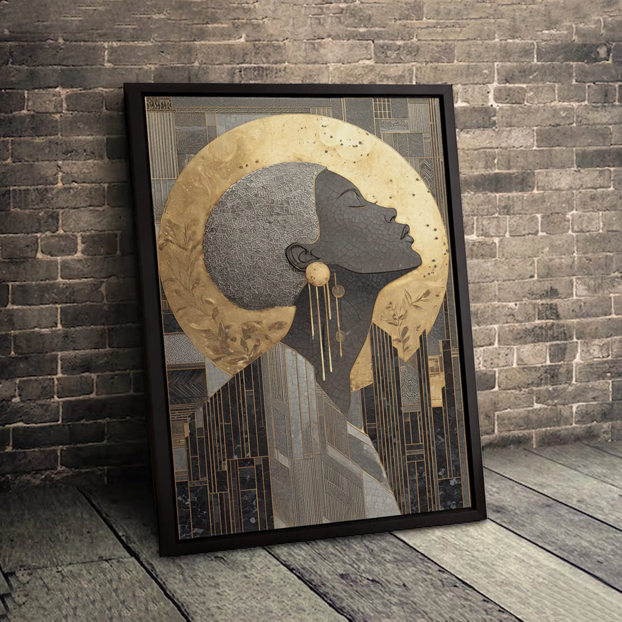 Black Woman Art Deco Canvas | Golden Halo Abstract Wall Art | Premium Gallery Wrapped Print | Sophisticated Home Decor Gift For Her