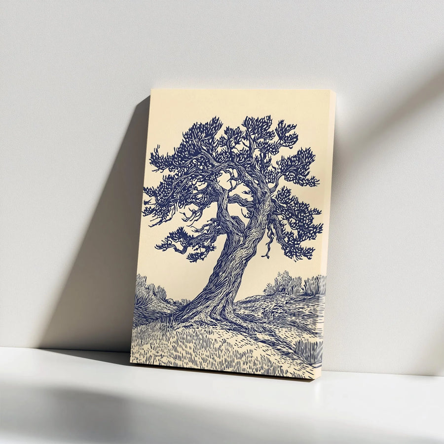 Windswept Bonsai Tree Wall Art | Woodcut Illustration Print | Gallery-Wrapped Premium Canvas | Modern Nature Home Decor Gift