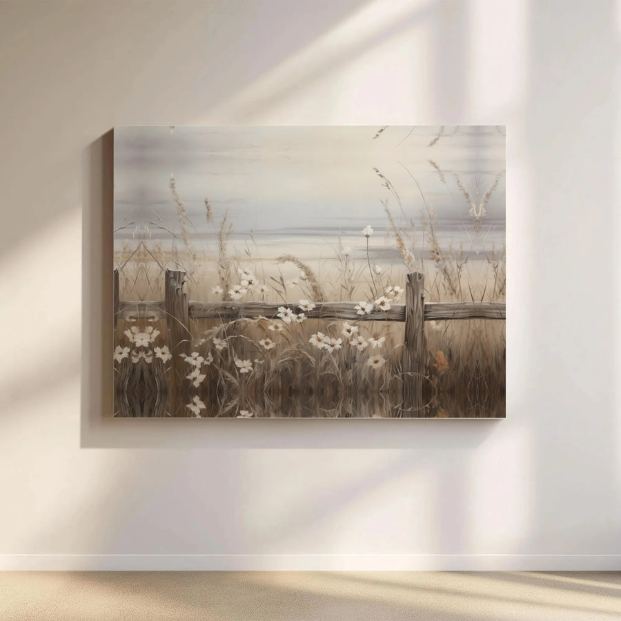 Coastal Landscape Wall Art | Wildflowers and Wooden Fence Canvas | Gallery Quality Fade-Resistant Print | Modern Home Decor Gift