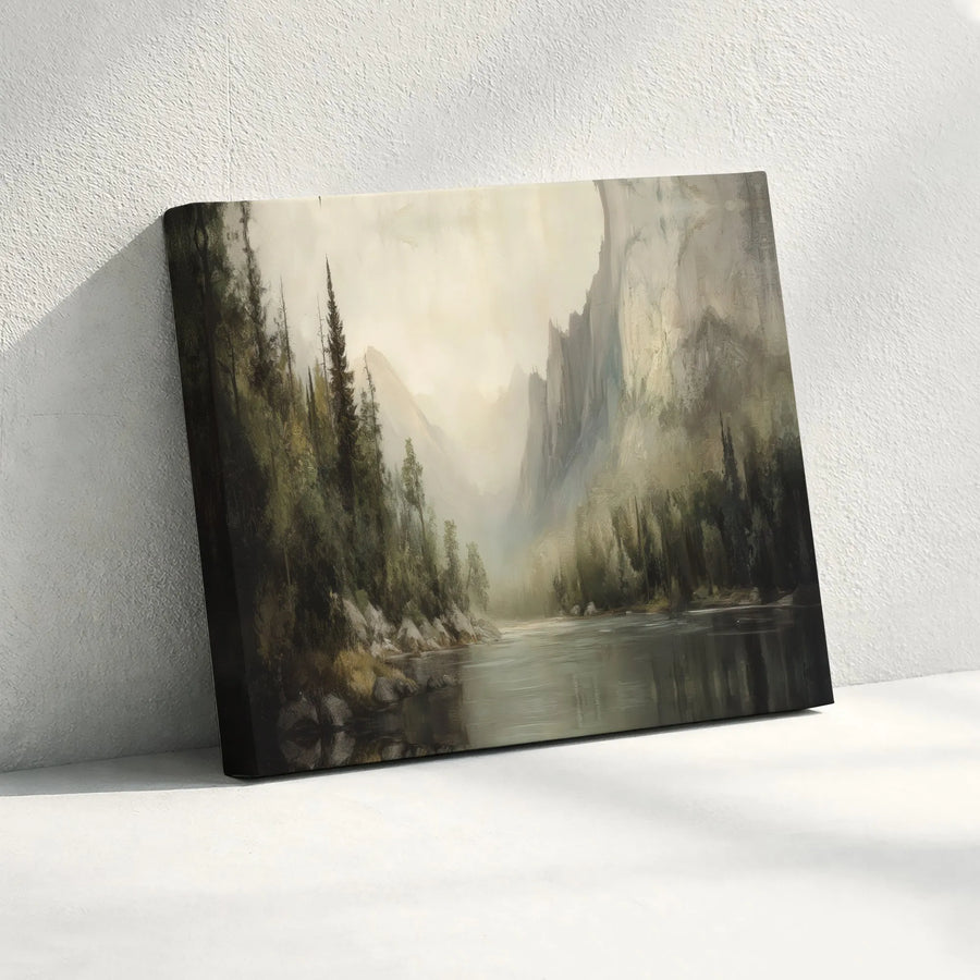 Misty Mountain River Landscape Canvas | Moody Forest Wall Art | Premium 1.25-Inch Gallery Wrap | Serene Nature Decor For Home Or Office