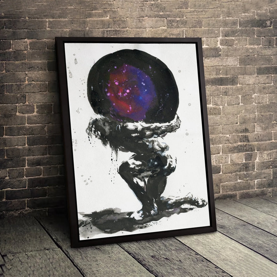 Atlas Holding The Galaxy Canvas Art | Greek Mythology Ink Wash Painting | Premium Gallery Wrap Wall Decor | Mythological Gift For Men
