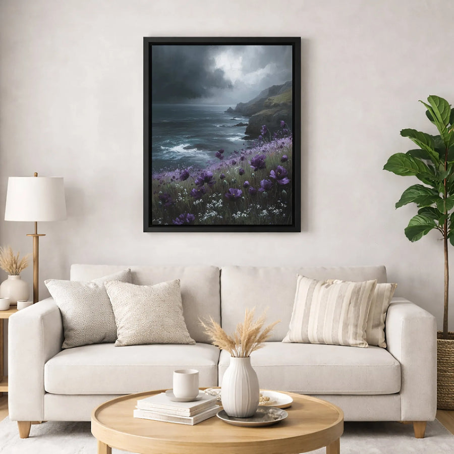 Stormy Coastline Canvas Art | Moody Purple Wildflowers Landscape | Premium Gallery-Wrapped Print | Coastal Home Decor Wall Art