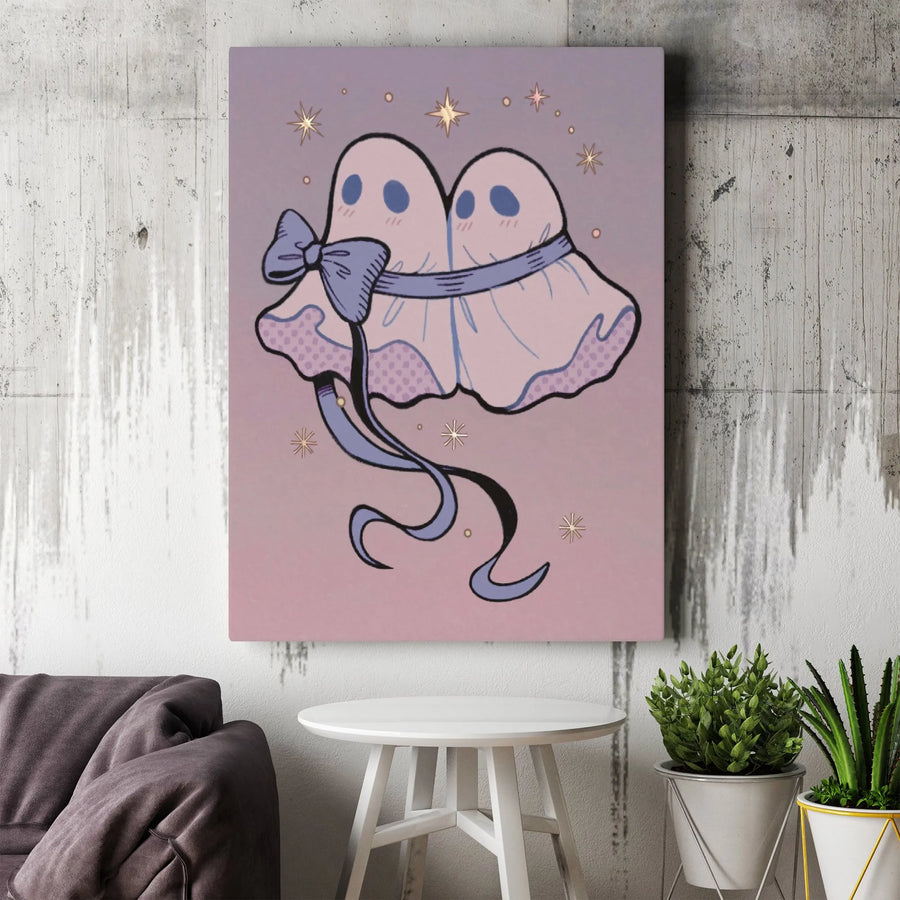 Cute Ghost Soulmates Vertical Canvas | Kawaii Spooky Couple Art Print | Premium Thick Gallery Wrap | Romantic Halloween Gift for Her