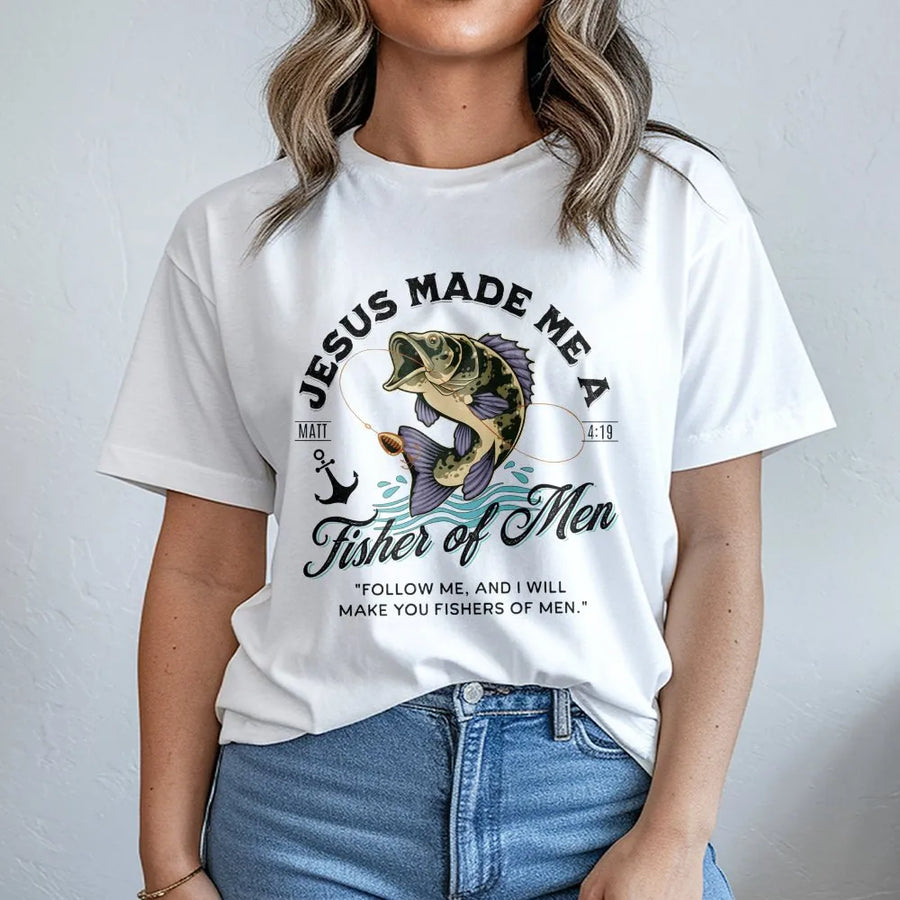 Fisher of Men T-Shirt | Bass Fishing Bible Verse Graphic | Premium Cotton Religious Apparel | Christian Fishing Gift for Men and Women
