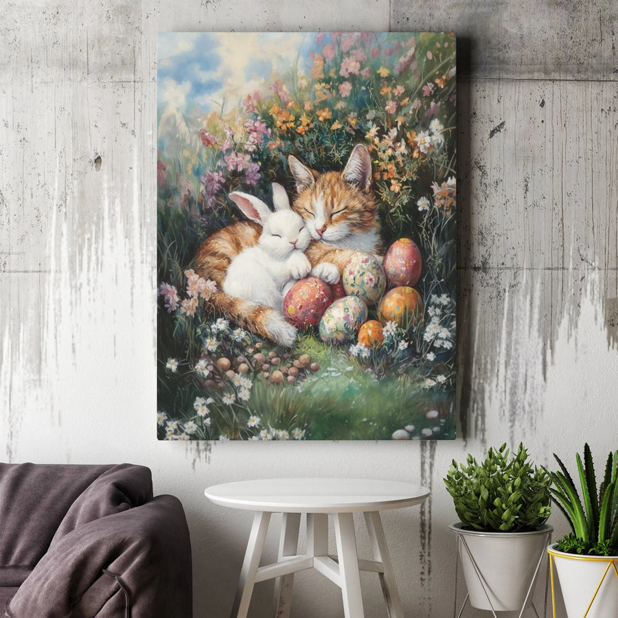 Easter Cat and Bunny Canvas Art | Cuddling Animals in Spring Garden | Premium Gallery Print | Holiday Decor Gift for Animal Lovers
