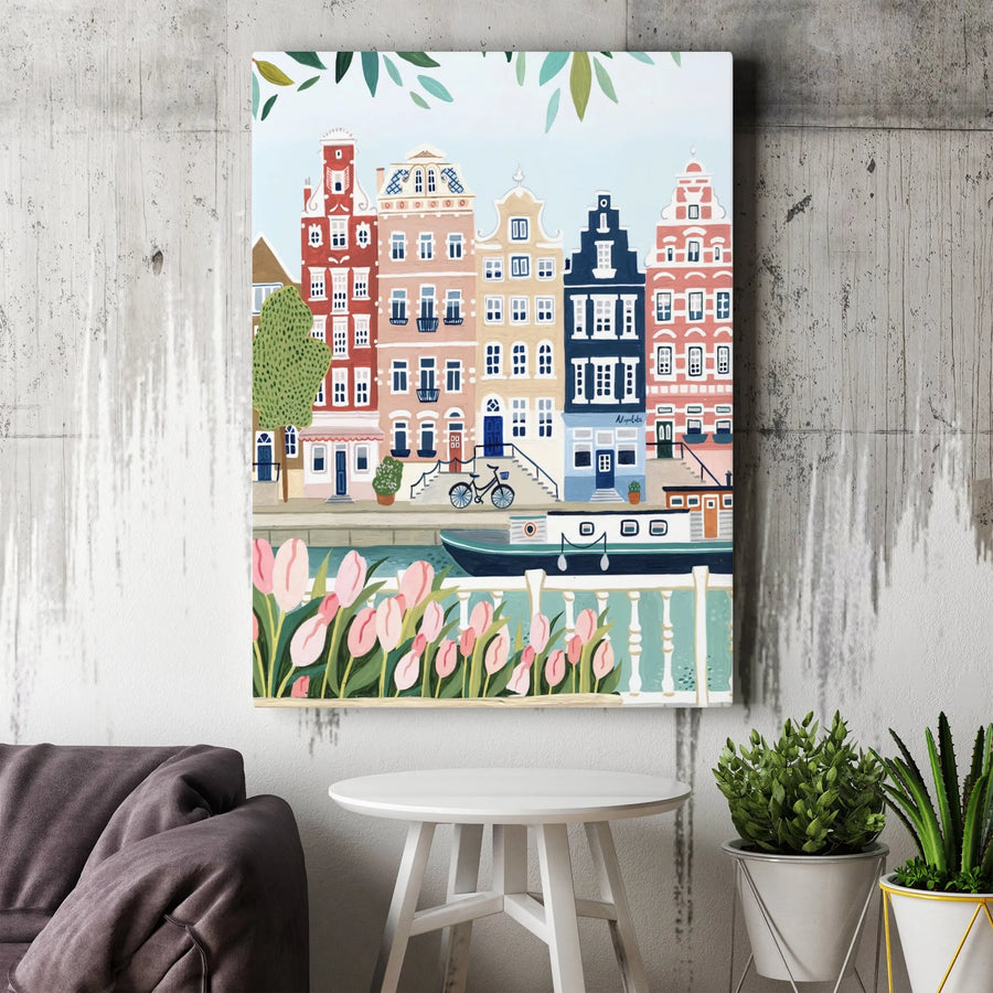 Amsterdam Canal House Canvas Print | Whimsical Cityscape With Tulips & Houseboat | Gallery Wrapped 1.25" Premium Wood Frame | Travel Inspired Home Decor Wall Art