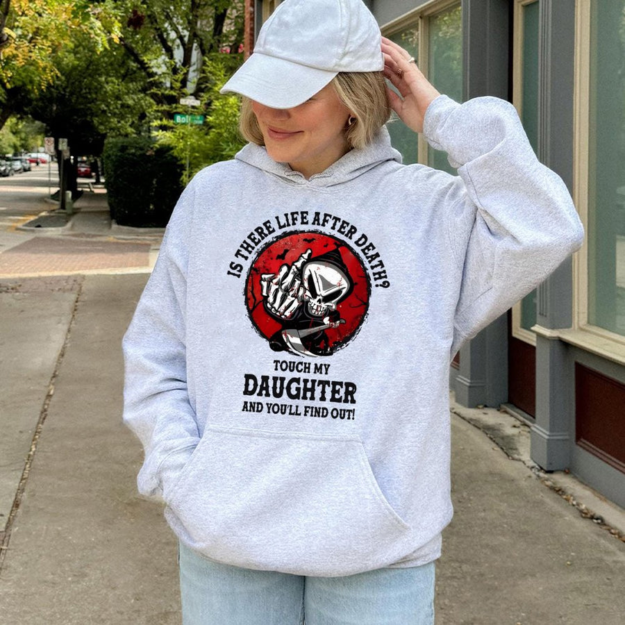 Grim Reaper Hoodie | Funny Dad Quote Graphic Sweatshirt | Soft Cotton Blend | Protective Father Gift for Daughter