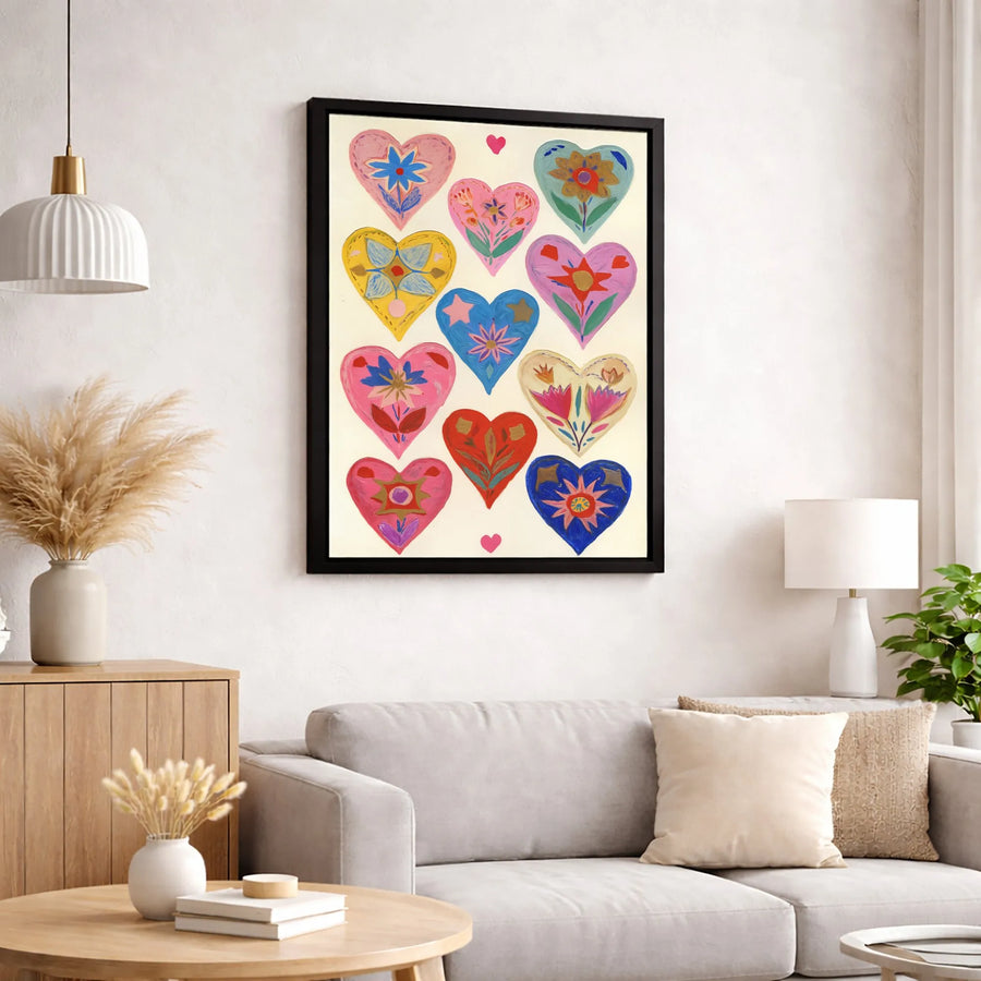 Folk Art Heart Wall Art | Colorful Floral Illustration | Premium Gallery Wrapped Canvas | Bohemian Home Decor Gift For Her