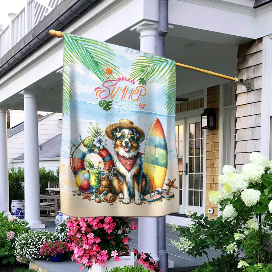 Australian Shepherd Garden Flag | Hello Summer Beach Dog With Surfboard | Weather-Resistant Polyester | Seasonal Outdoor Garden Decor Gift