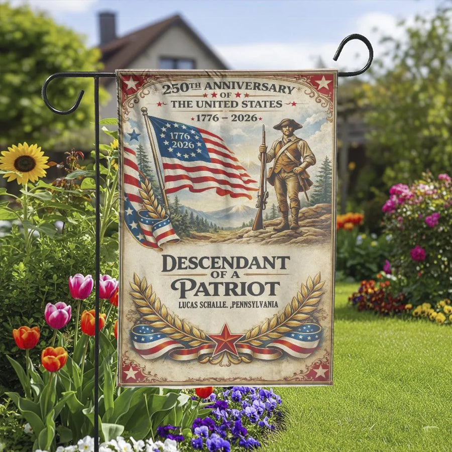 Patriotic Garden Flag | 250th Anniversary US 1776-2026 Descendant of a Patriot | Double-Sided Premium Polyester | Vintage Americana Yard Decor Gift