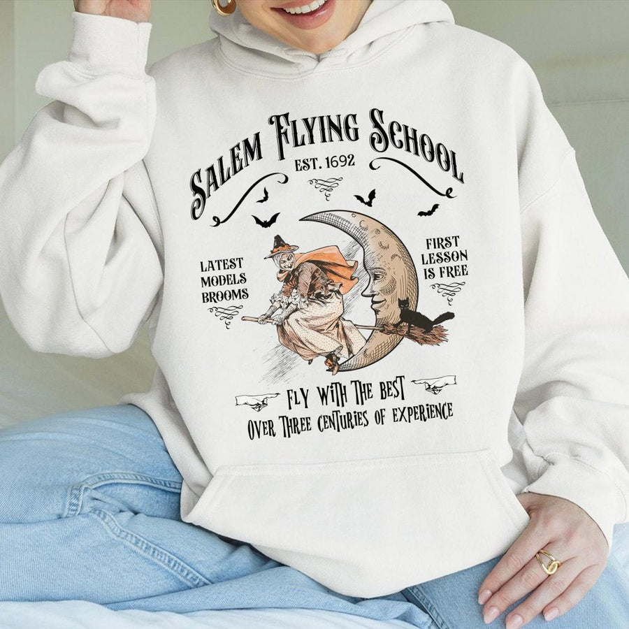 Salem Flying School Hoodie | Vintage Witchcraft Aesthetic Graphic | Premium Cotton Blend | Spooky Halloween Gift for Witchy Lovers