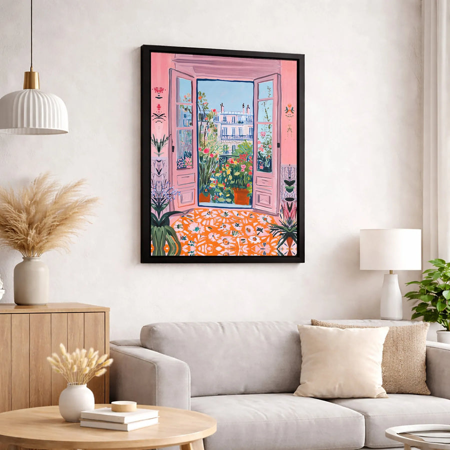 Parisian Balcony Canvas Wall Art | Pink Room Window Garden View | Gallery-Wrapped Premium Decor | Floral Home Aesthetic Gift for Art Lovers