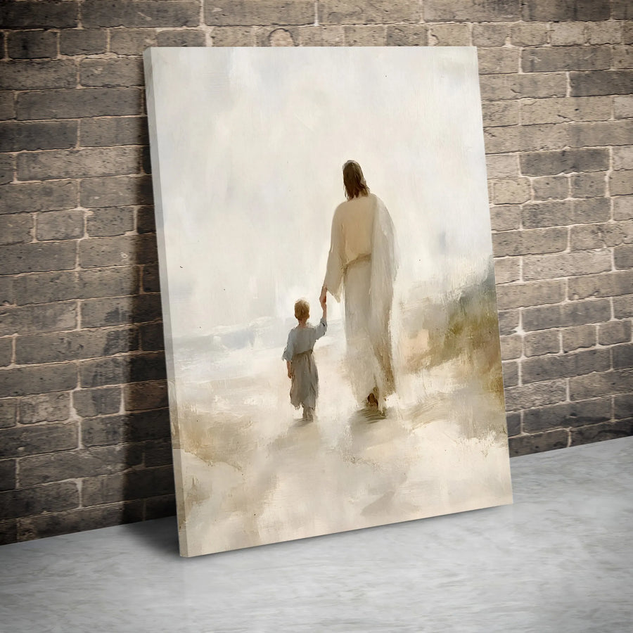 Jesus Walking with Child Canvas Wall Art | Christ Leading Boy on Beach Painting | Premium Christian Artwork | Inspirational Religious Home Decor Gift