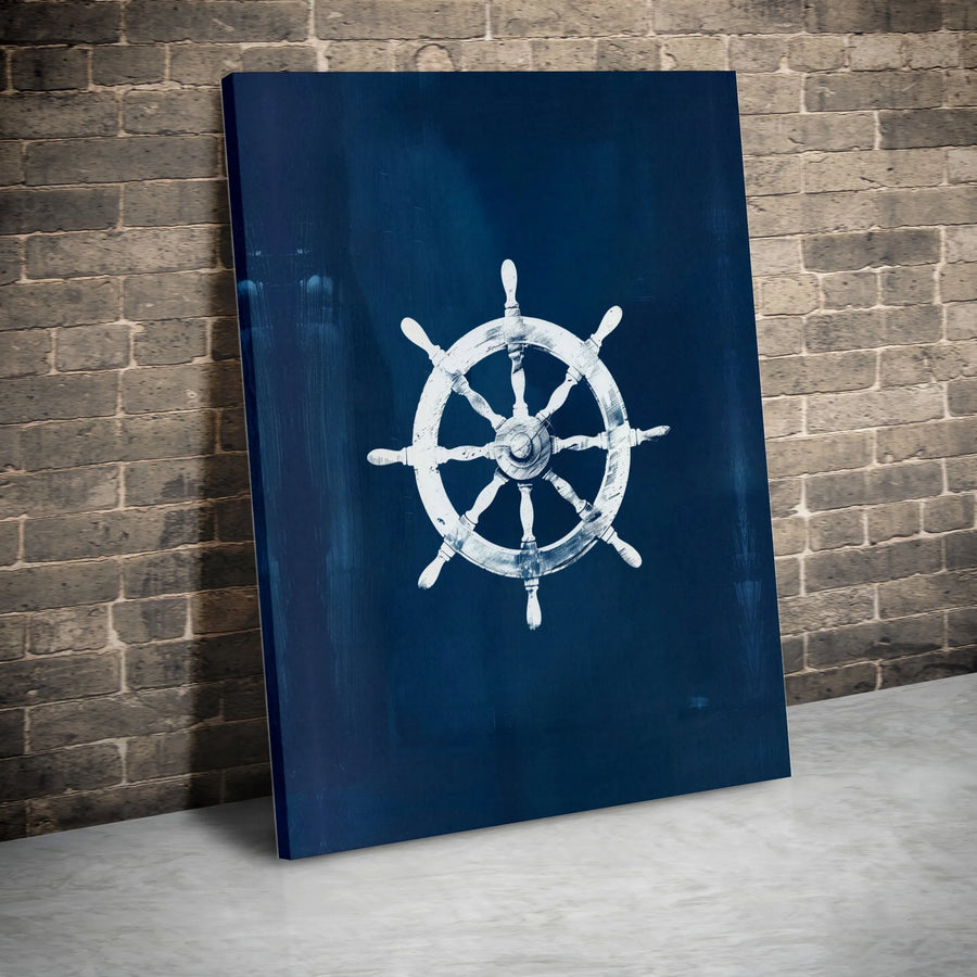 Nautical Wall Art | White Ship Helm on Navy Blue | Premium Gallery Wrap Canvas | Coastal Home Decor Gift