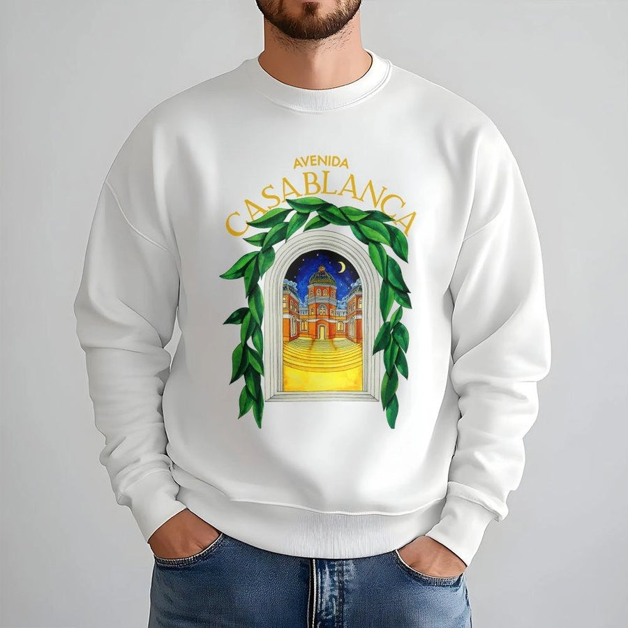 Avenida Casablanca Graphic Sweatshirt | Architectural Mediterranean Arch Design | Premium Cotton Blend | Artistic Travel Aesthetic Gift for Men & Women