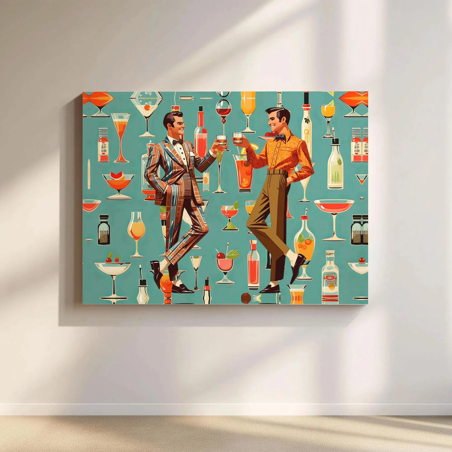 Retro Cocktail Party Canvas Wall Art | Mid Century Modern Men Toasting Print | Premium Fade-Resistant Gallery Wrap | Sophisticated Bar Decor Gift