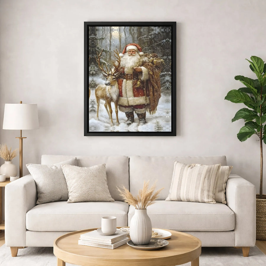Vintage Santa Claus and Reindeer Canvas | Snowy Forest Winter Scene | Premium Gallery-Wrapped Print | Festive Holiday Wall Decor Gift