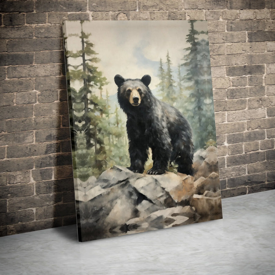 Black Bear Canvas Wall Art | Vintage Forest Bear Painting | Premium Gallery Wrapped Canvas | Rustic Cabin & Lodge Decor Gift