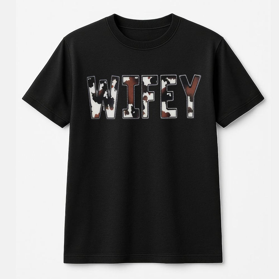 Wifey Cow Print T-Shirt | Western Aesthetic Graphic Tee | 100% Cotton Premium Quality | Bridal Shower Gift for Her Bride Retro Country Style
