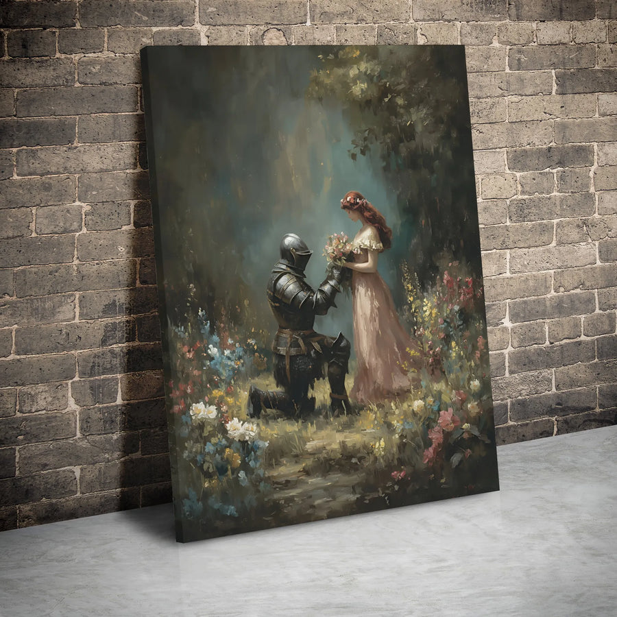 Romantic Knight Offering Flowers Canvas | Medieval Fantasy Wall Art | Premium 1.25" Gallery Wrap | Gift for Couples or Bedroom Decor