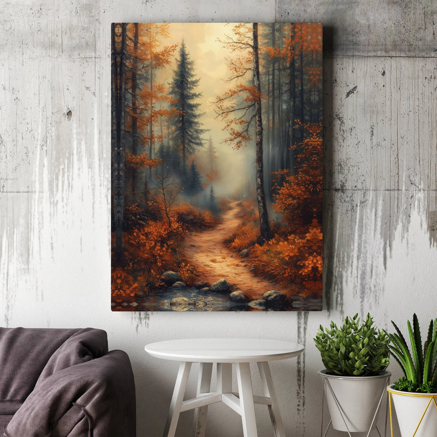 Autumn Forest Landscape Canvas Art | Misty Creek Woodland Path Wall Decor | Premium Gallery Wrap Print | Nature Inspired Home Gift