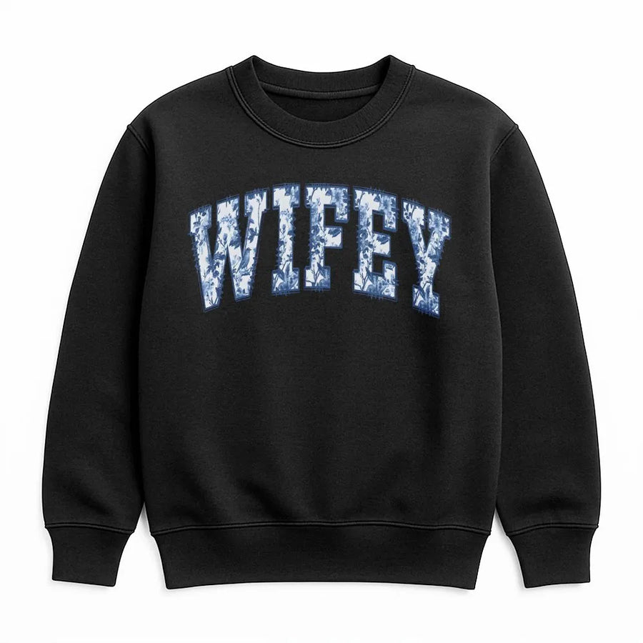 Blue Toile Wifey Sweatshirt | Vintage Floral Collegiate Lettering | Cozy Cotton Blend Pullover | Bridal Shower Gift for Bride
