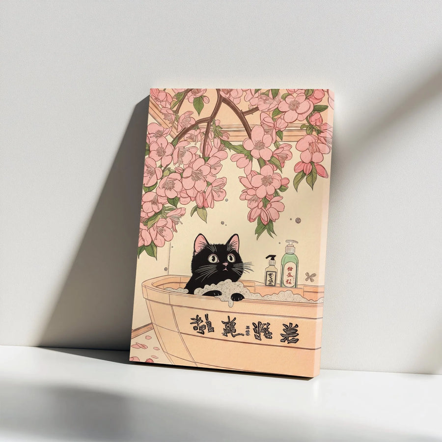 Black Cat Bathing Canvas Print | Japanese Ukiyo-e Cherry Blossom Wall Art | Premium Gallery Wrapped Decor | Whimsical Zen Home Gift
