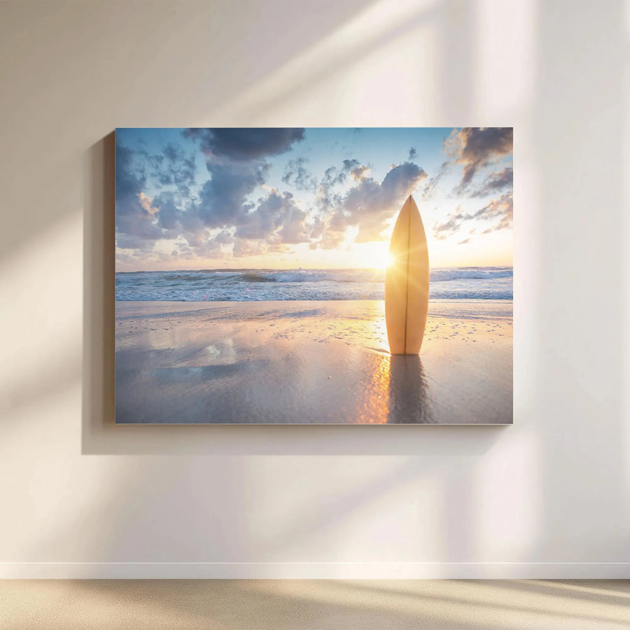 Surfboard at Sunrise Canvas Wall Art | Coastal Ocean Photography | Premium Fade-Resistant Print | Beach House Decor Gift for Surfers