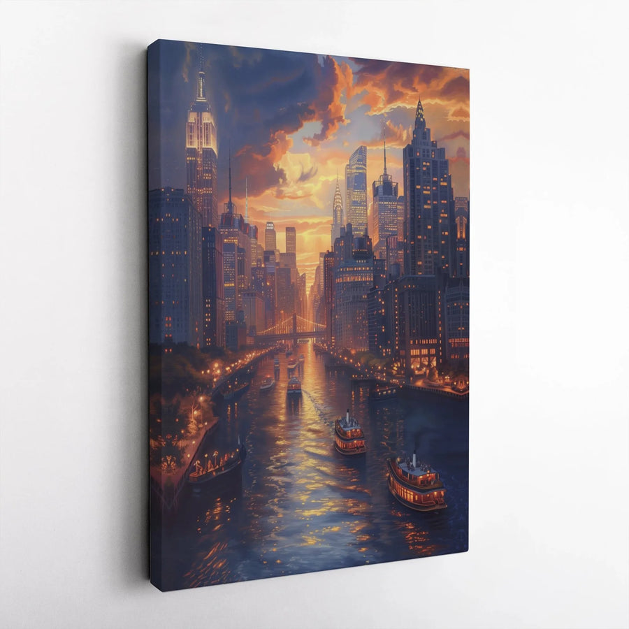 NYC Skyline Canvas Wall Art | Sunset Cityscape River View | 1.25 Inch Gallery Wrap | Professional Home & Office Decor Gift