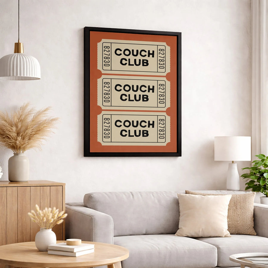 Couch Club Wall Art | Vintage Ticket Stub Graphic | Premium 1.25 Inch Canvas Print | Retro Home Decor Gift for Movie Lovers