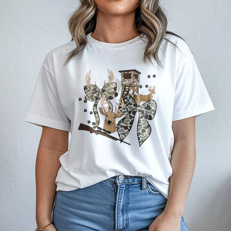 Deer Hunting T-Shirt | Camo Bow Graphic Tee | Premium 100% Cotton Apparel | Outdoor Wildlife Hunter Gift for Men and Women