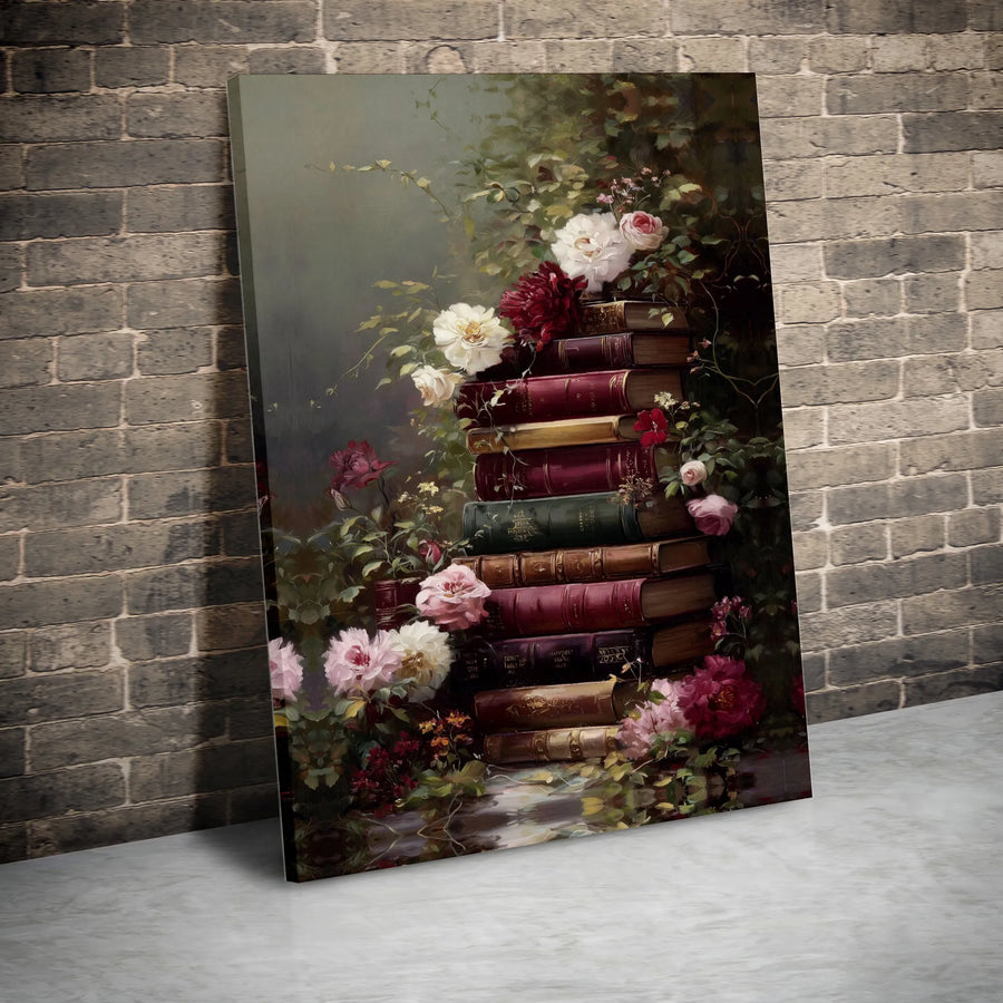 Dark Academia Books Canvas Wall Art | Vintage Floral Bookstack Painting | Premium Gallery Wrapped Canvas | Unique Gift for Book Lover and Reader